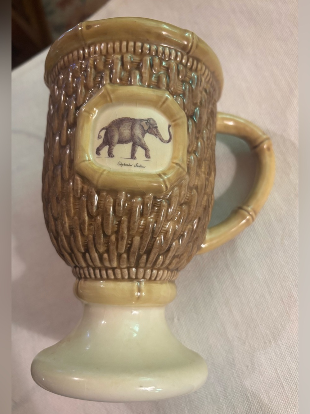 Vintage-Style Elephant Ceramic Pedestal Mug in Brown and Cream